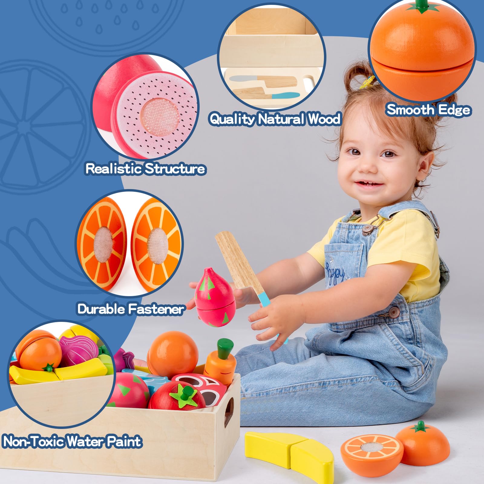 Busy Edition colorful wooden fruits and vegetables for bright color recognition in play.
