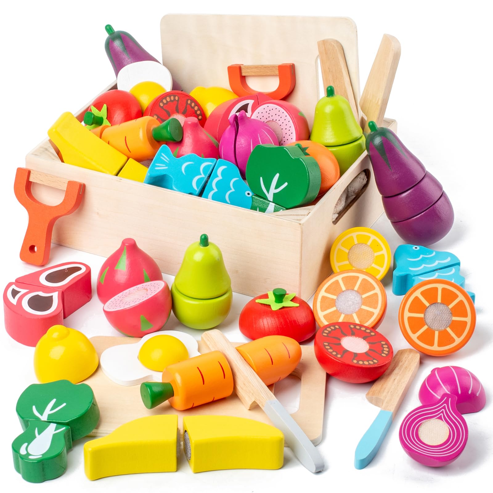 Busy Edition wooden play food set showing knives for safe cutting during pretend cooking.