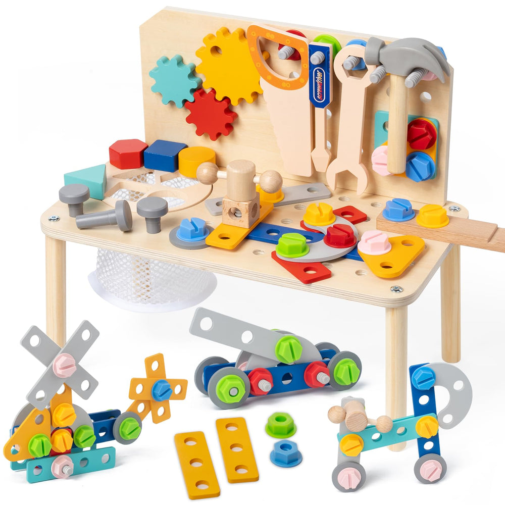 Busy Edition wooden tool bench for toddlers supports fine motor skills during pretend play