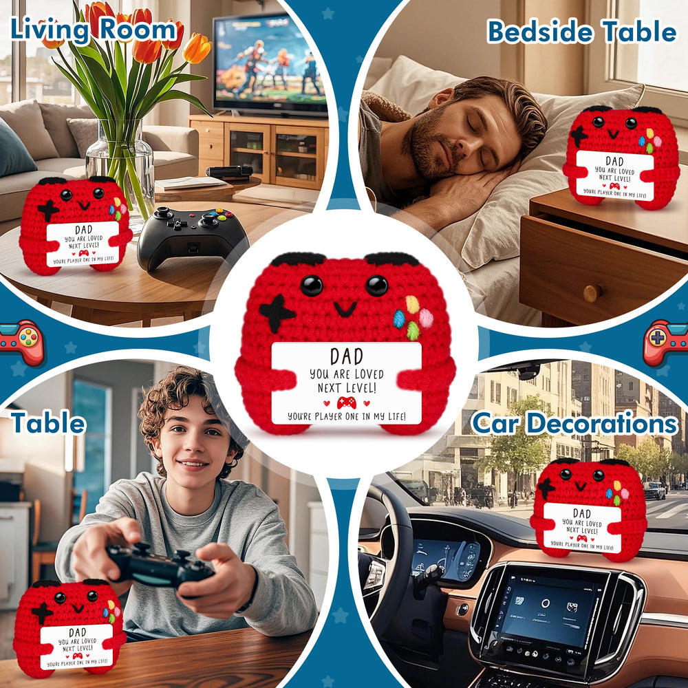 Busy Gaming Life crochet controller close-up shows soft, squeezable texture.