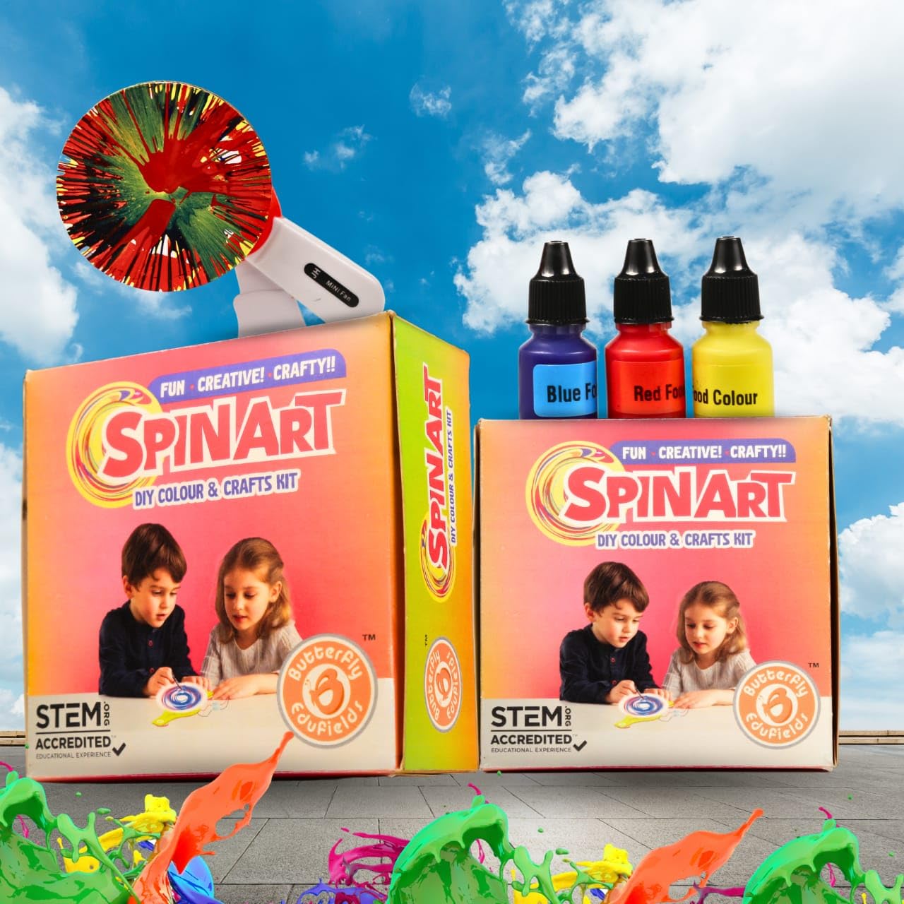 Butterfly EduFields Colorful Paint Drops highlight vibrant, quick‑drying art sessions for children.
