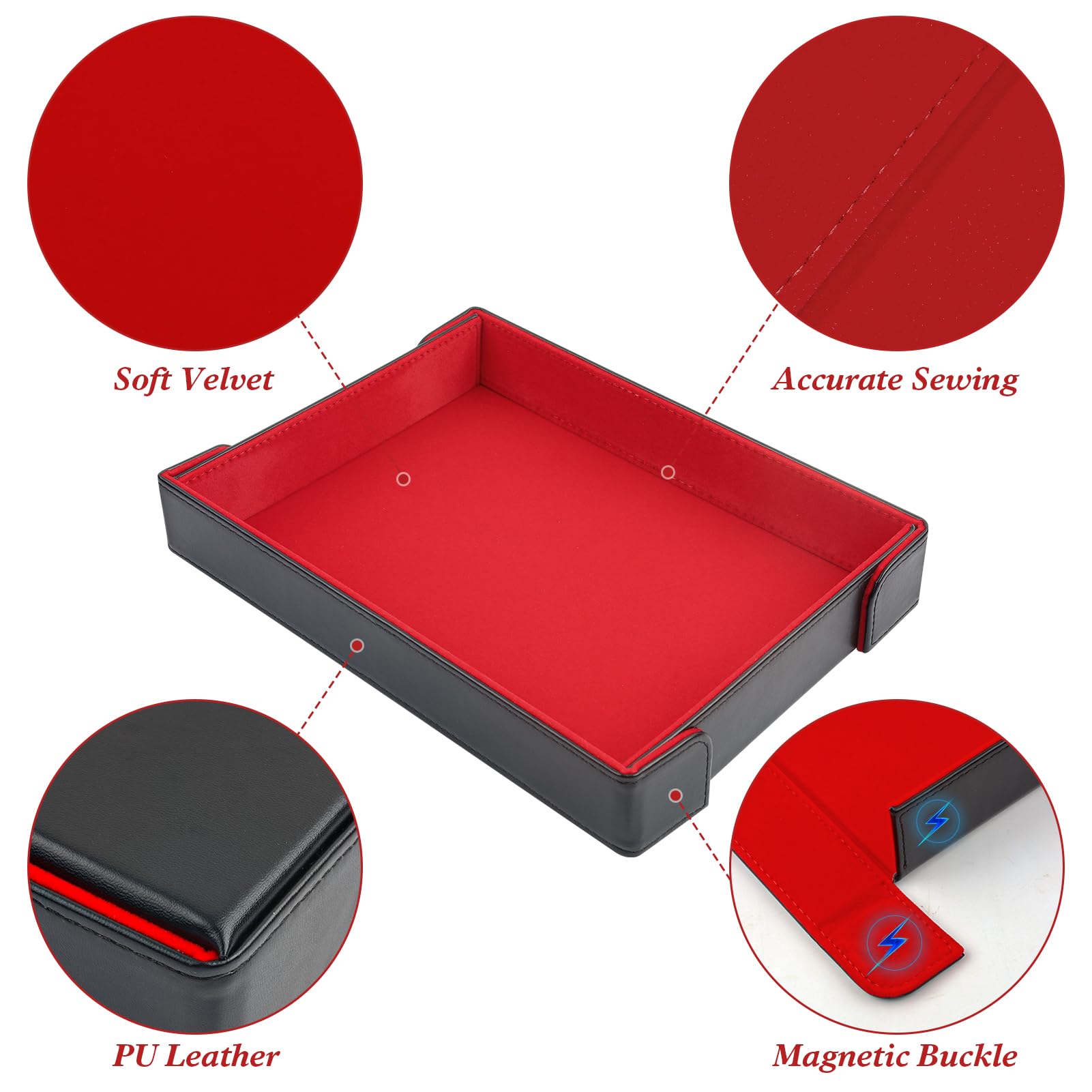 Red felt rolling surface cushions dice and reduces noise for quieter sessions.