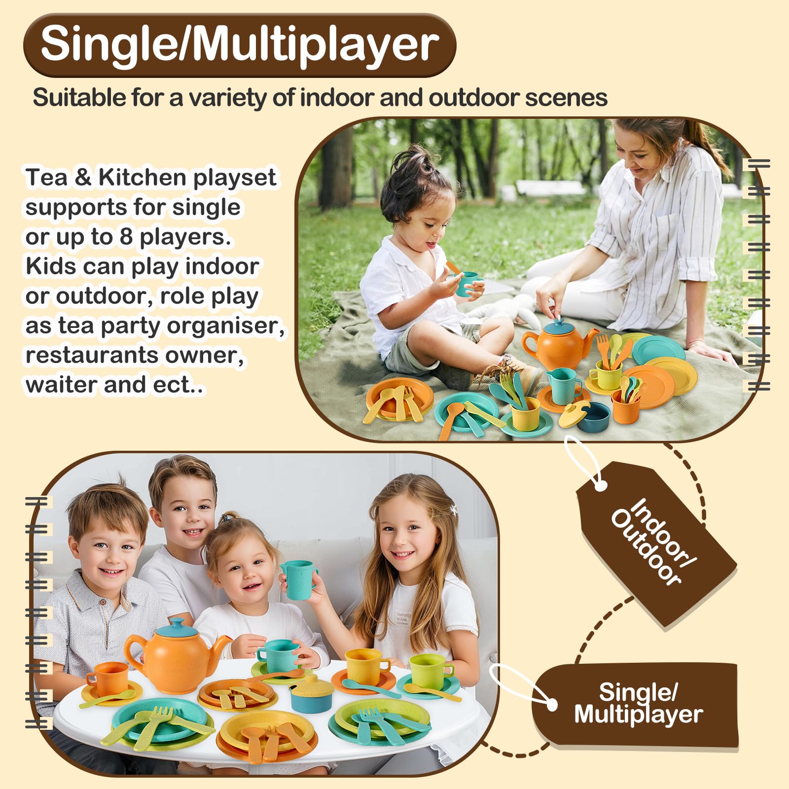 Buyger colorful kitchen dishes in orange yellow green blue boost visual appeal.