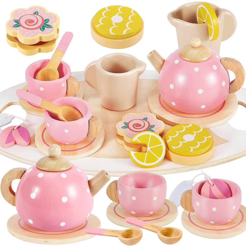 Buyger Kids Wooden Tea Party Set teapot with lid for imaginative pretend tea time