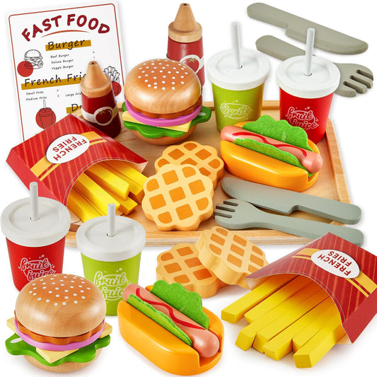 Buyger play food sets hamburger assembly highlights fine motor skills through imaginative play.