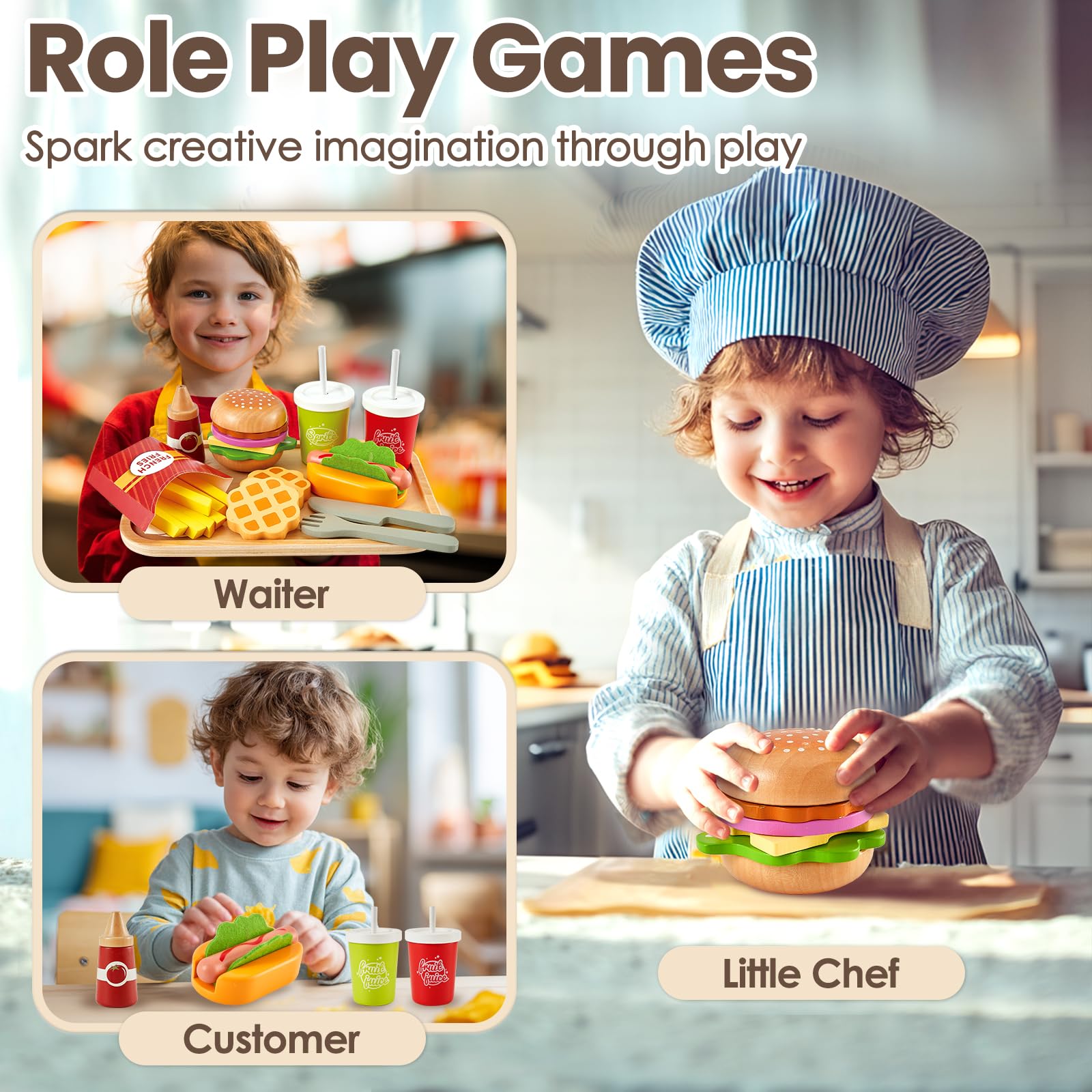 Buyger pretend play menu supports dine-in and takeout role play.