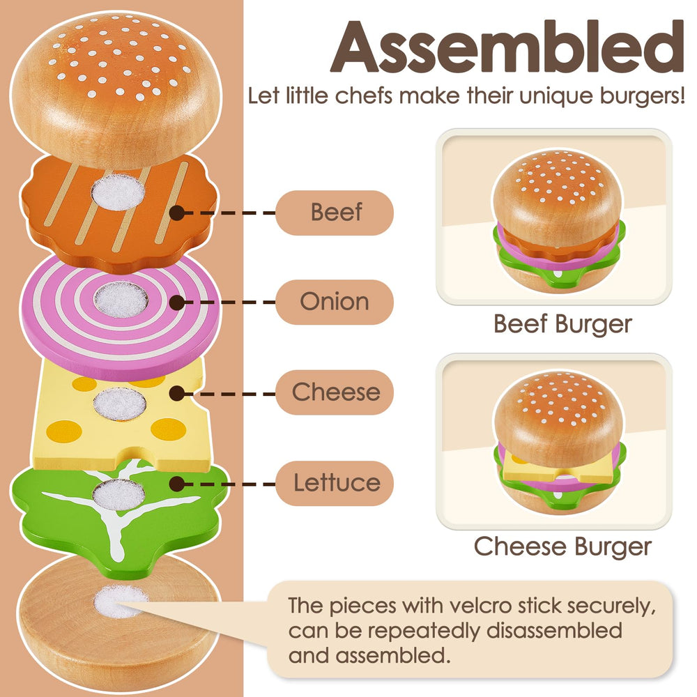Buyger wooden fast-food set features patty, fries, veg for tactile learning.