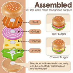 Buyger wooden fast-food set features patty, fries, veg for tactile learning.