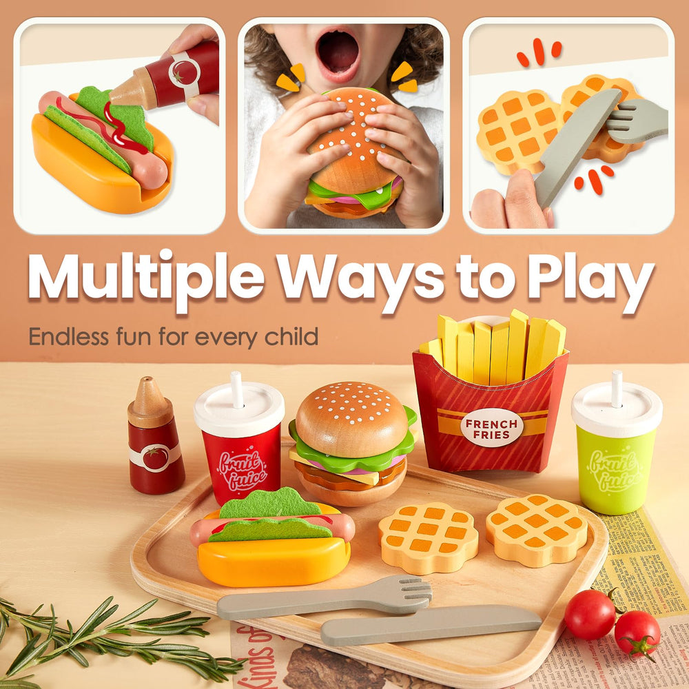 Buyger wooden kitchen toy with rounded edges and water-based paint for safety.