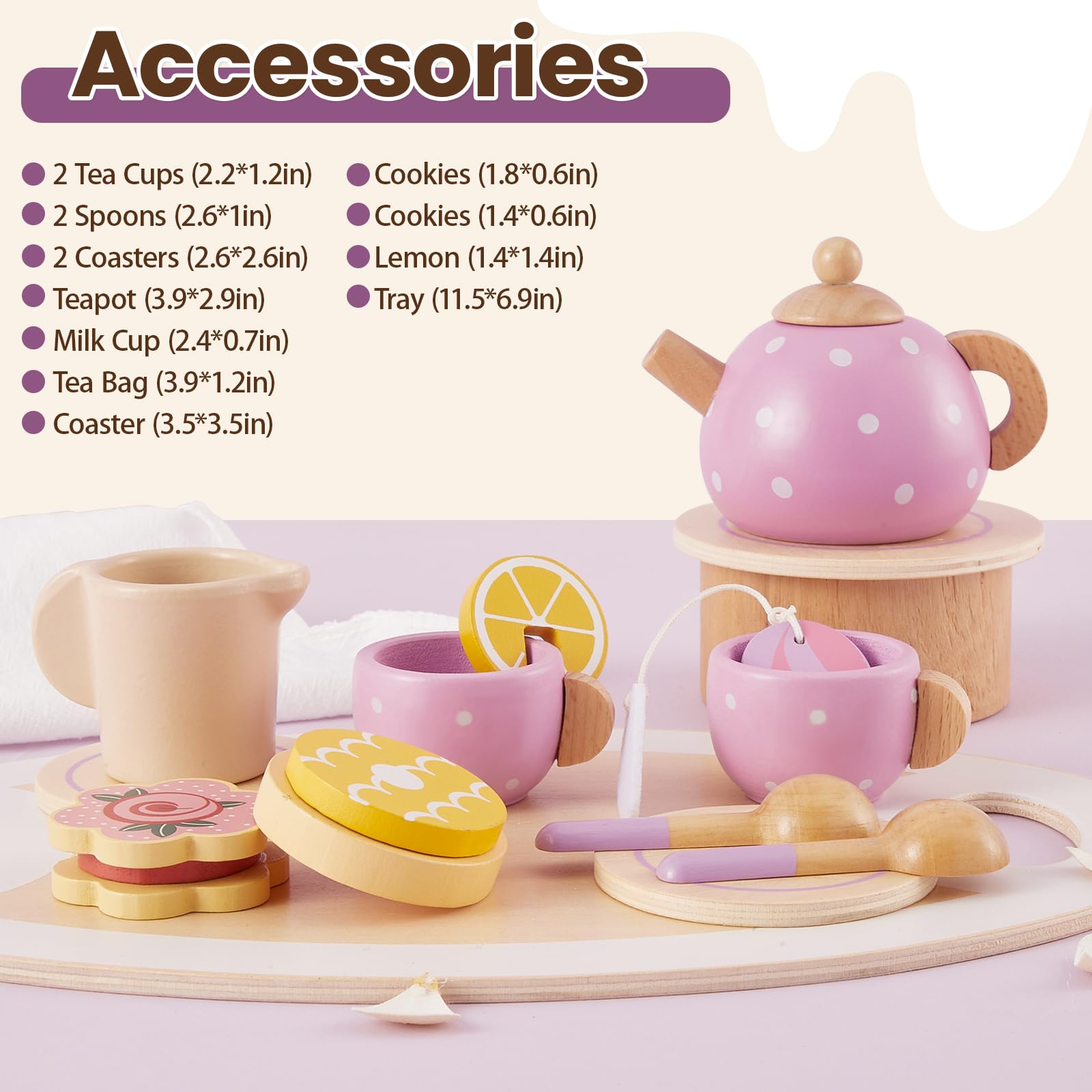 Buyger wooden tea set spoons support fine motor skills during pretend serving.
