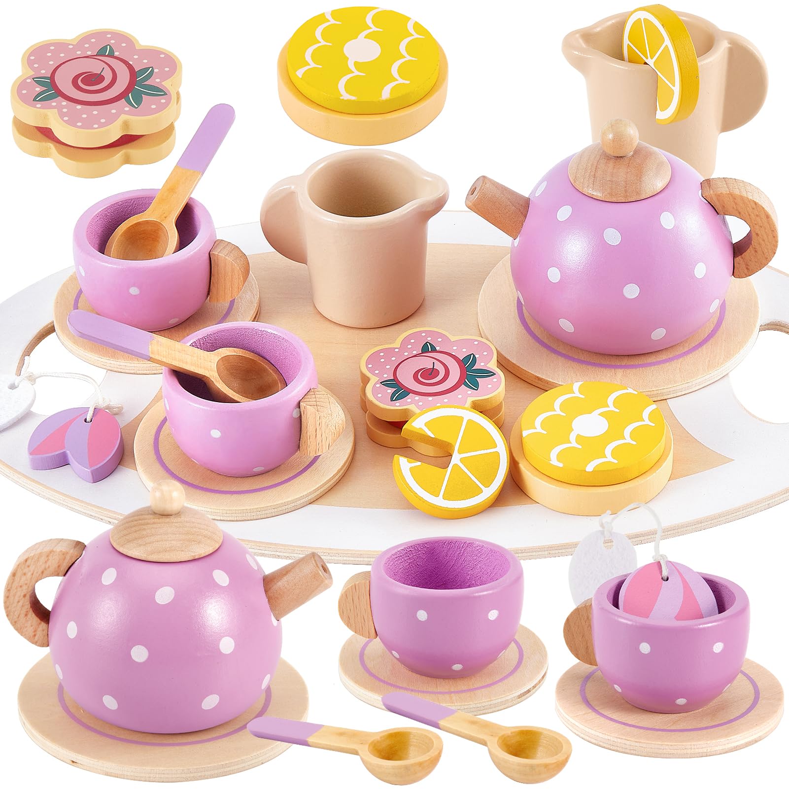 Buyger wooden tea set teapot for imaginative play and pretend tea parties.