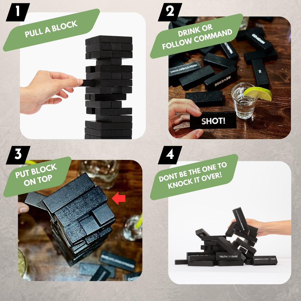 Buzzed Blocks stacked tower captured mid-game for engaging, social play