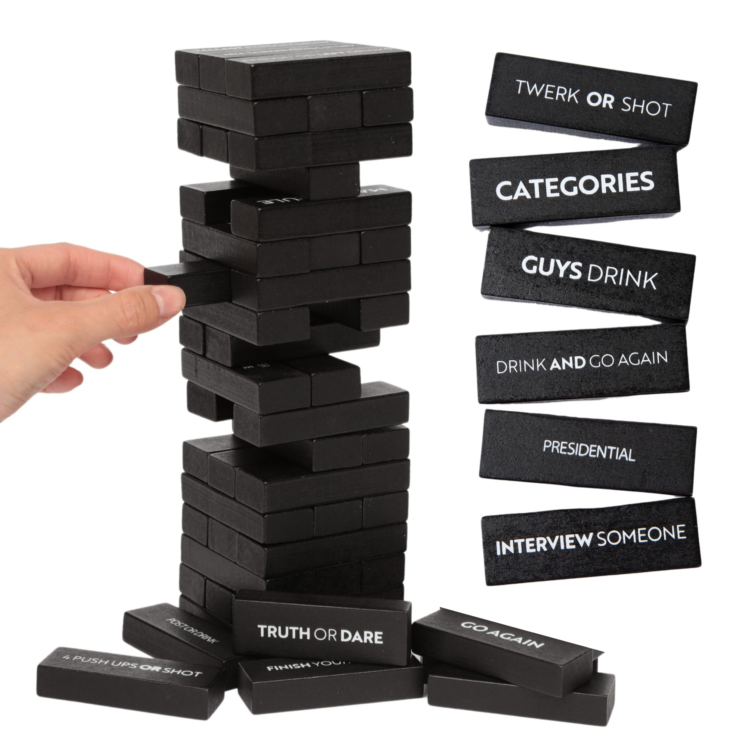 Buzzed Blocks tower setup for adults, a lively icebreaker at gatherings