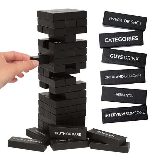 Buzzed Blocks tower setup for adults, a lively icebreaker at gatherings