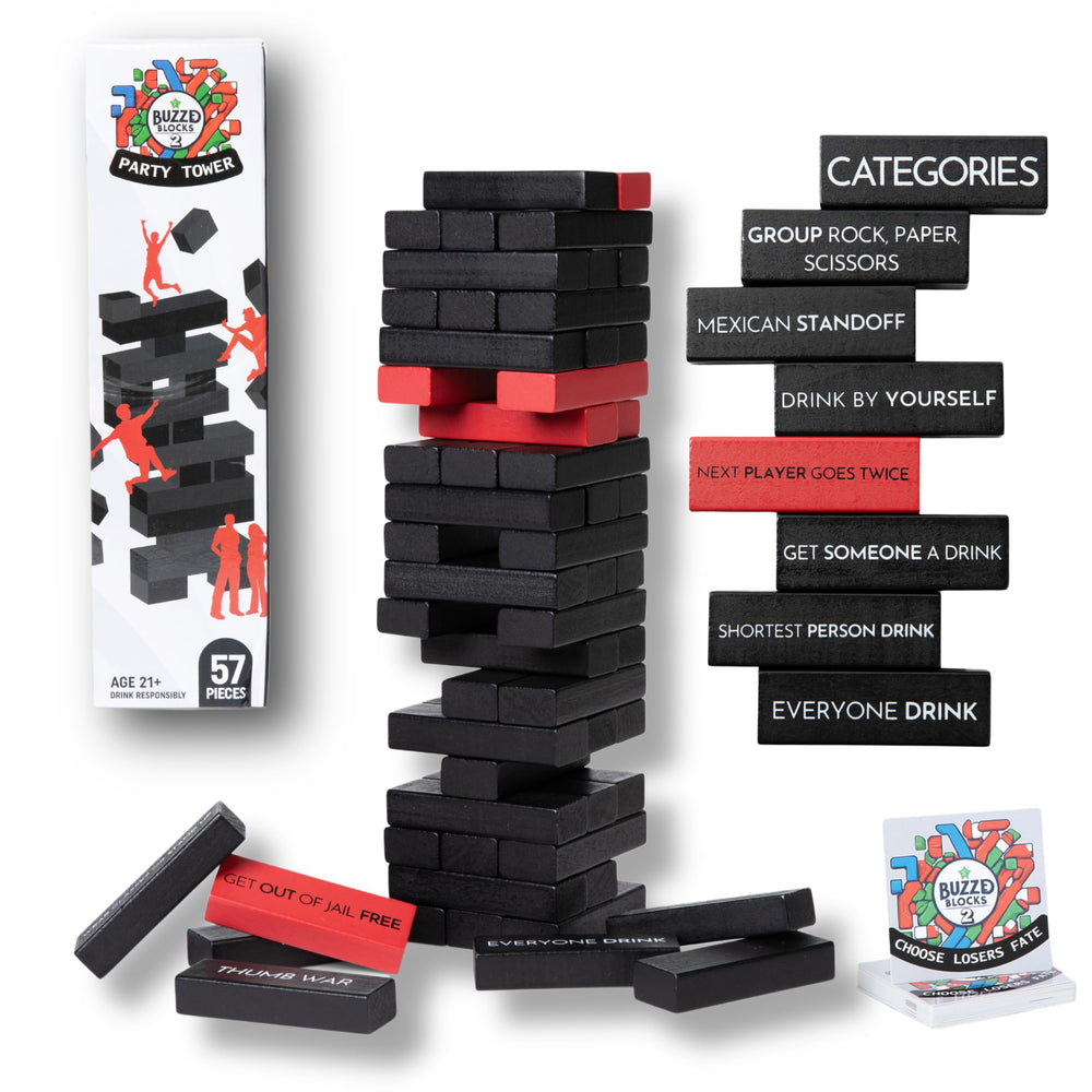 Buzzed Blocks Ultimate Party Tower being assembled for an easy party icebreaker.