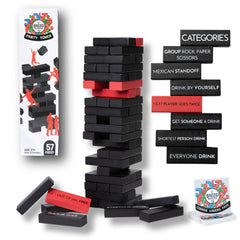 Buzzed Blocks Ultimate Party Tower being assembled for an easy party icebreaker.