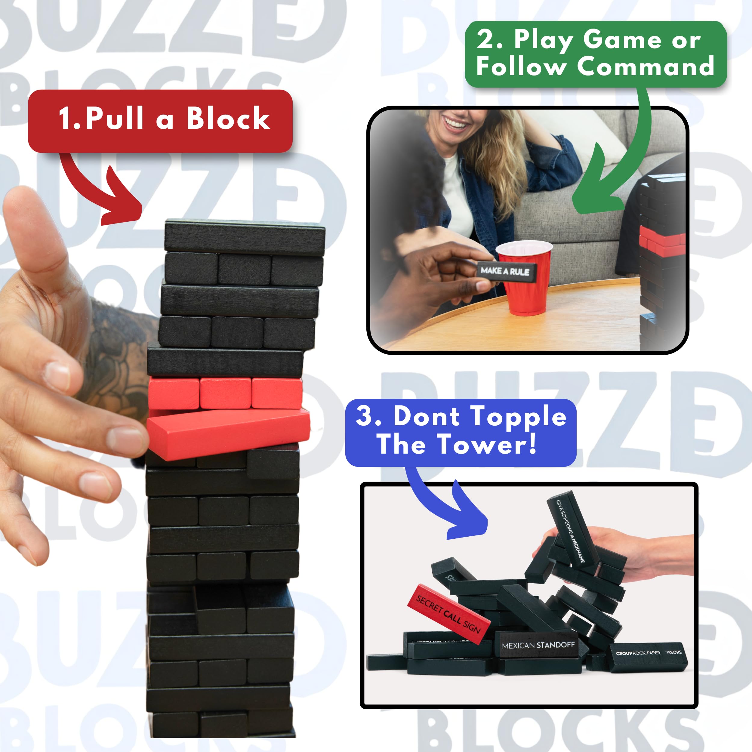 Buzzed Blocks Ultimate Party Tower in action during gameplay with humorous commands.