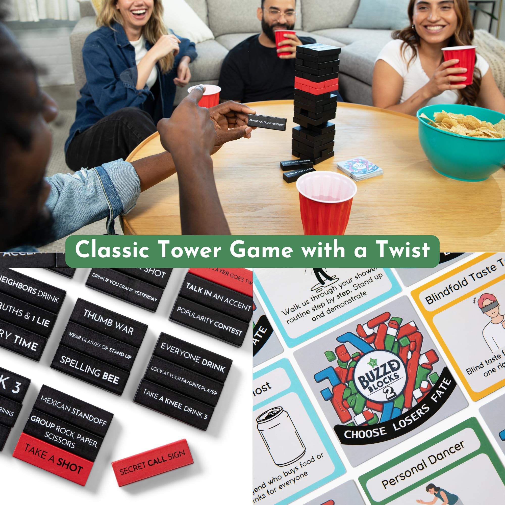 Buzzed Blocks Choose Losers Fate cards spread on game night.