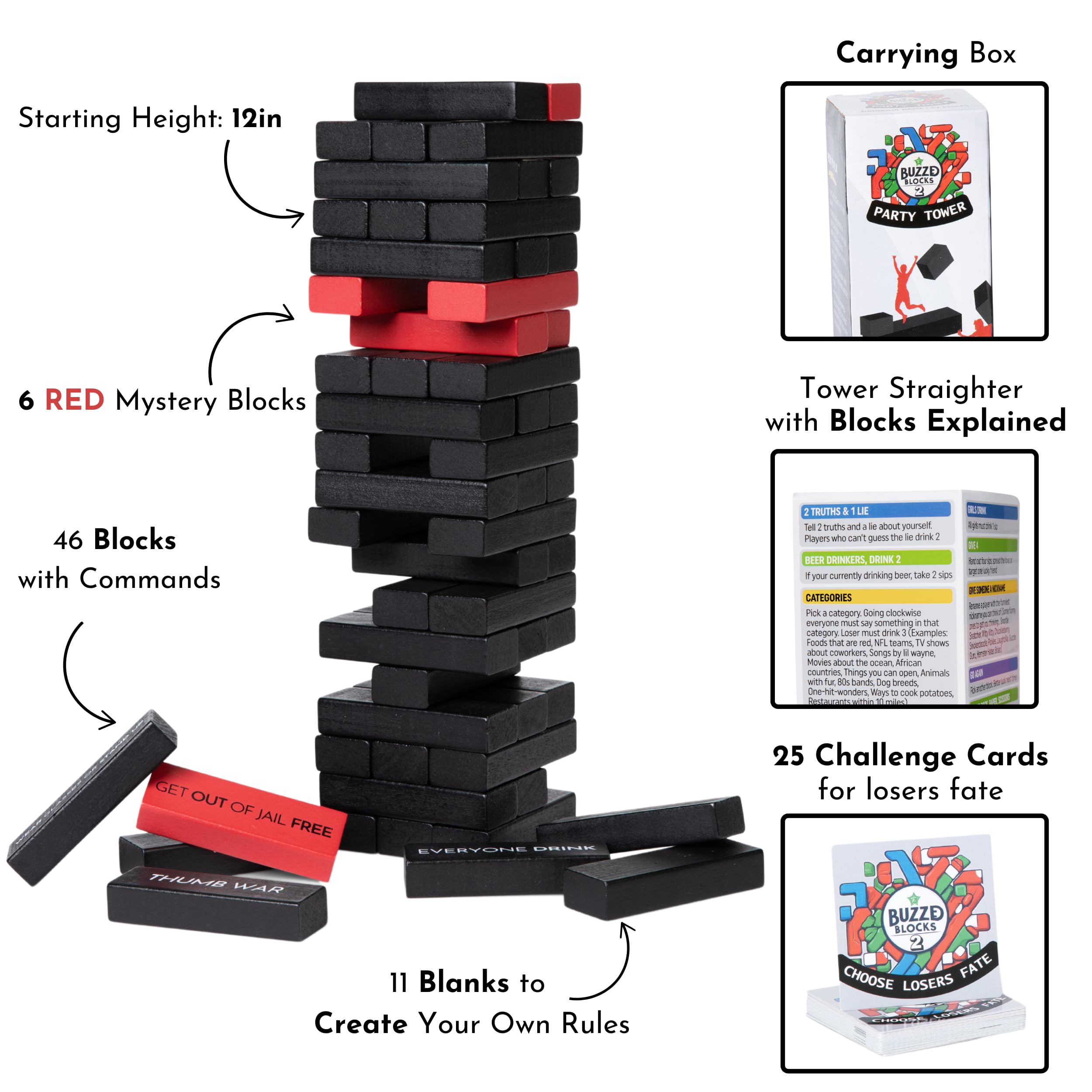 Buzzed Blocks red mystery blocks add surprise during play.