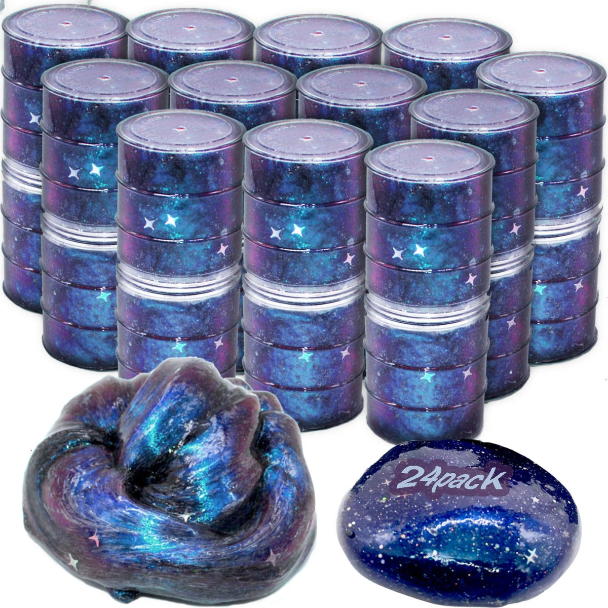 BVUEKEFT Galaxy Star Slime 24-pack box, color-shift slime for creative play.