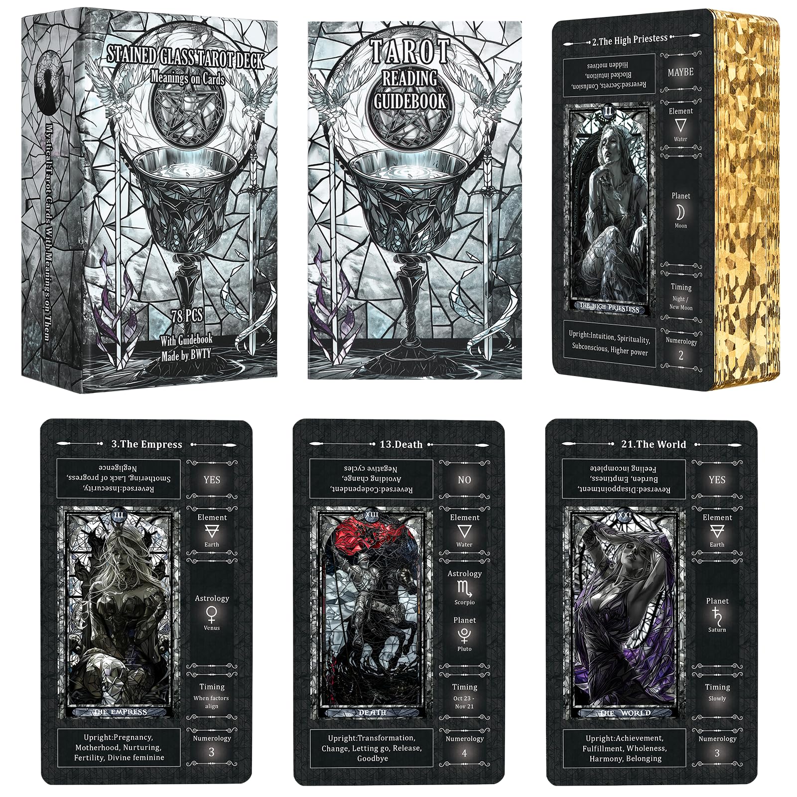 BWTY black stained-glass tarot cards for beginners with clear symbolism.