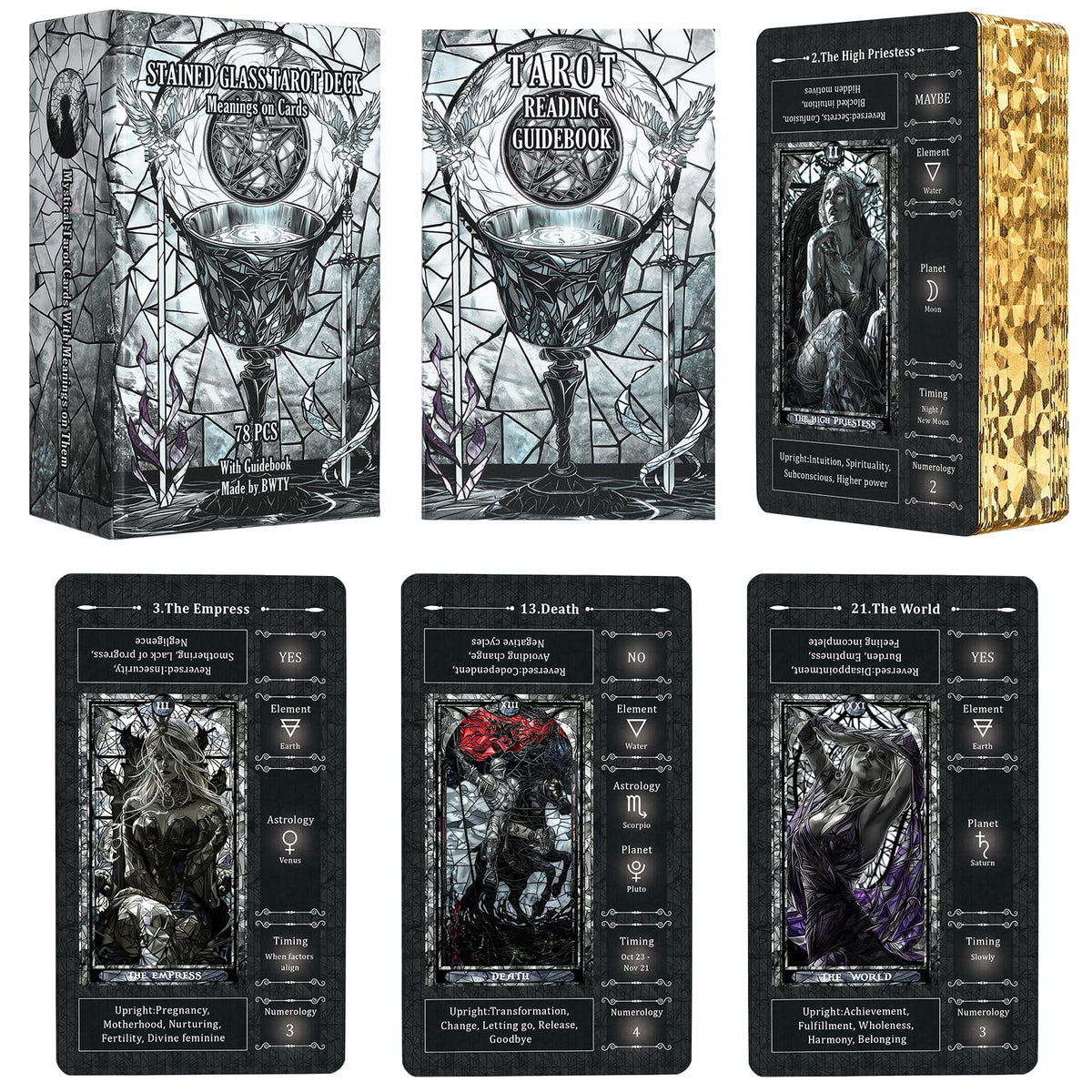 BWTY black stained-glass tarot cards for beginners with clear symbolism.