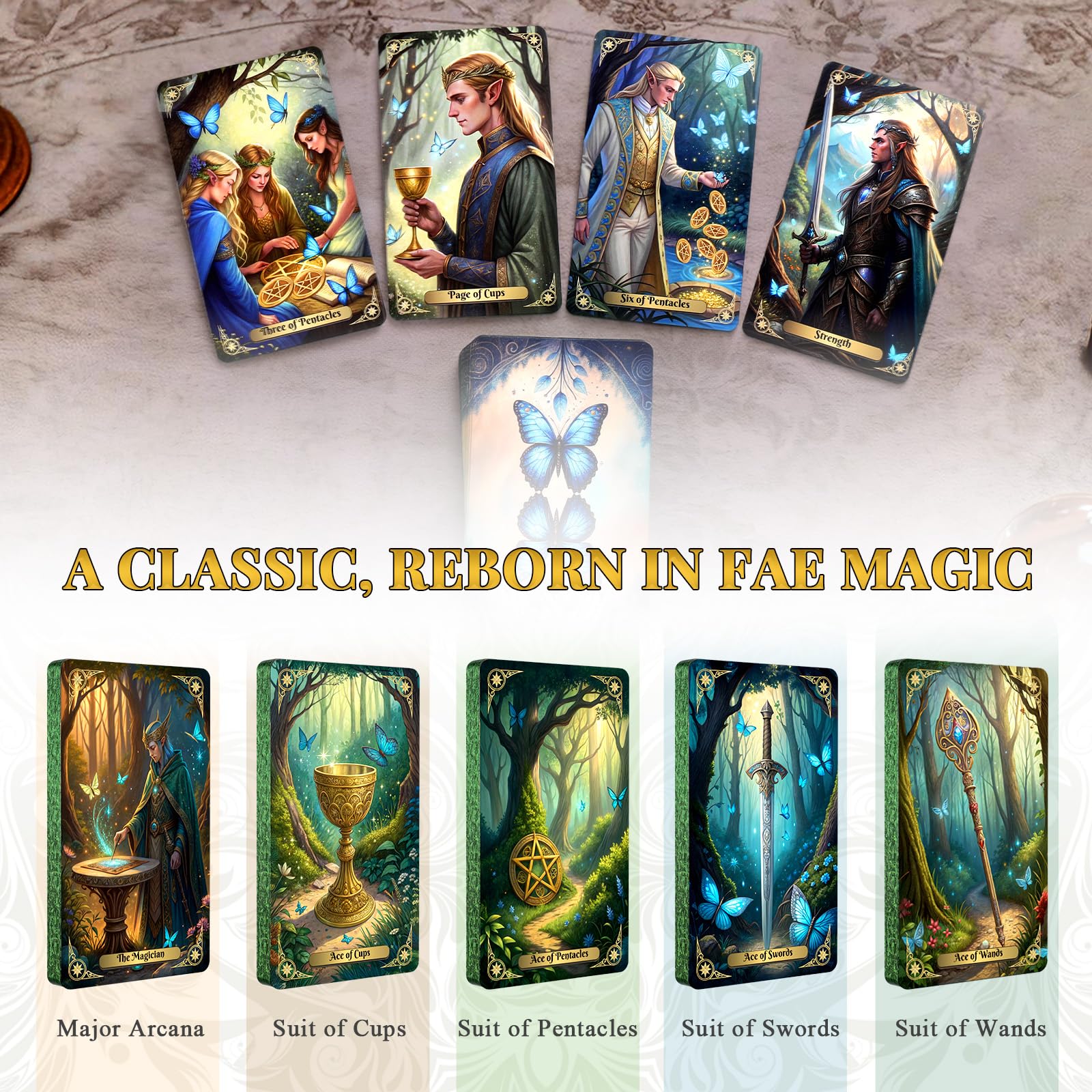 BWTY Best Wishes to You Fairy Tarot deck open spread shows forest symbols.