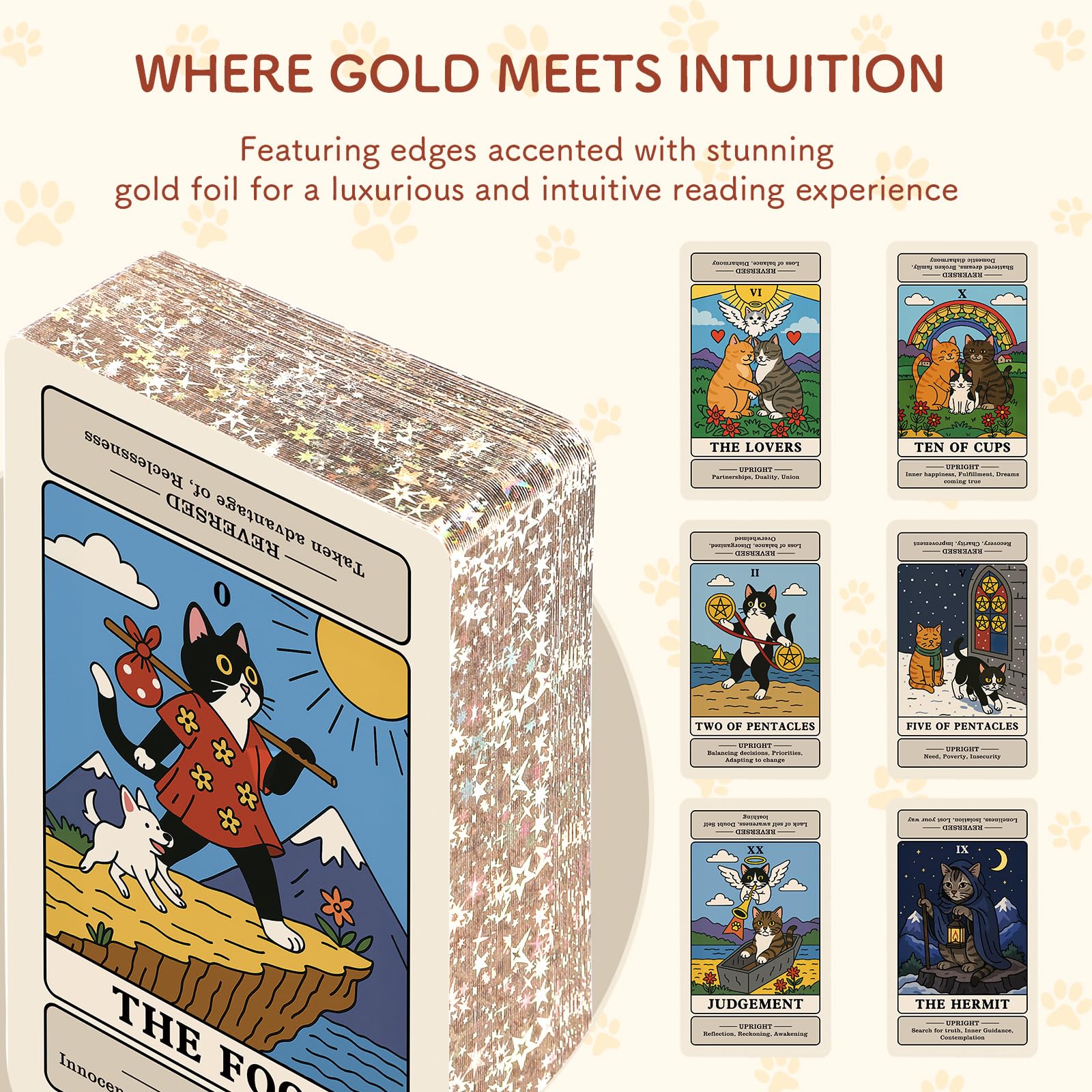 BWTY cat tarot cards show keywords for upright and reversed meanings