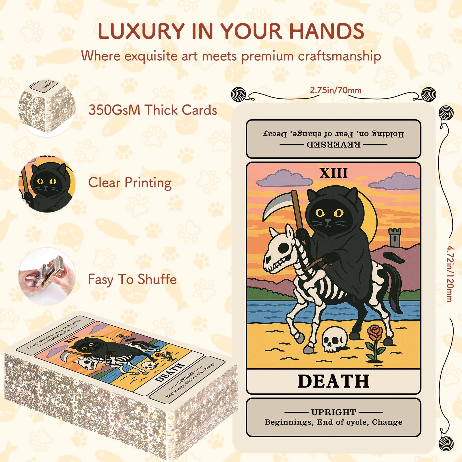 BWTY cat tarot standard-size cards are easy to handle and shuffle