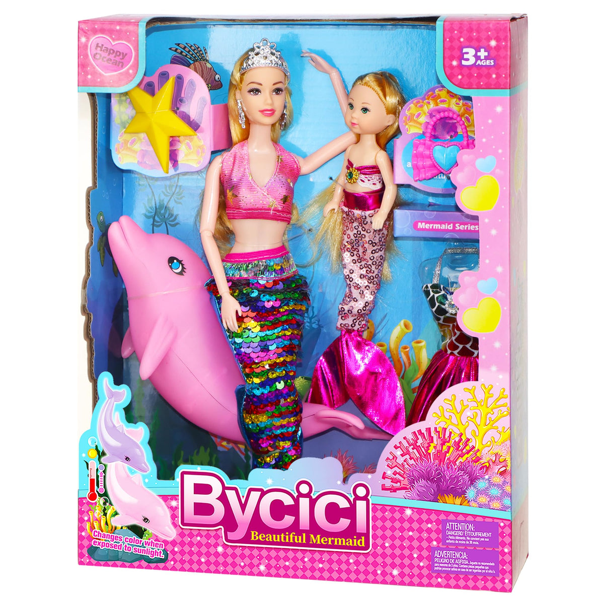 BYCICI color-changing dolphin beside mermaid dolls enhances imaginative underwater play