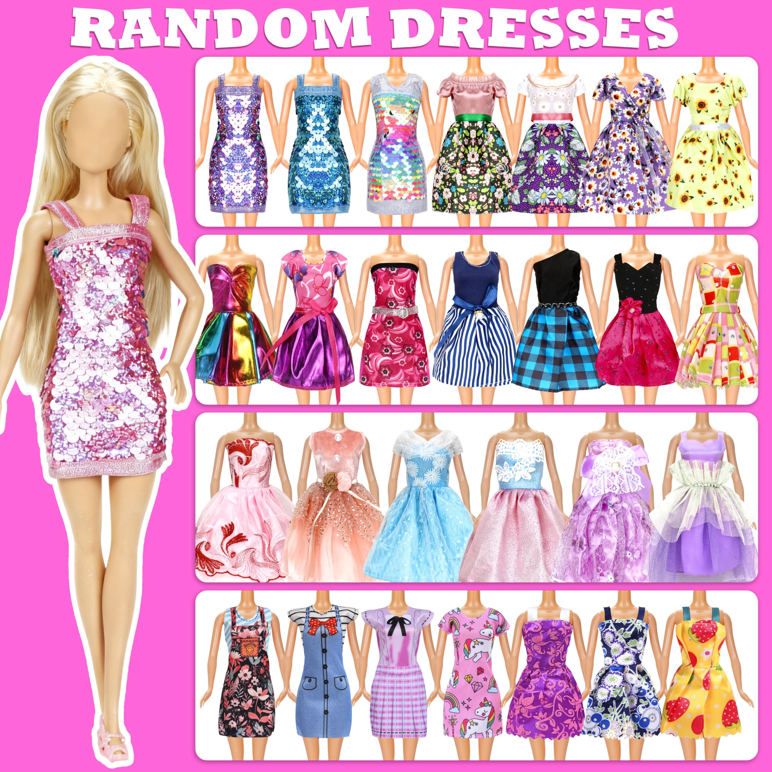 BYMORE fashion dresses doll clothes display diverse styles to spark imaginative play.