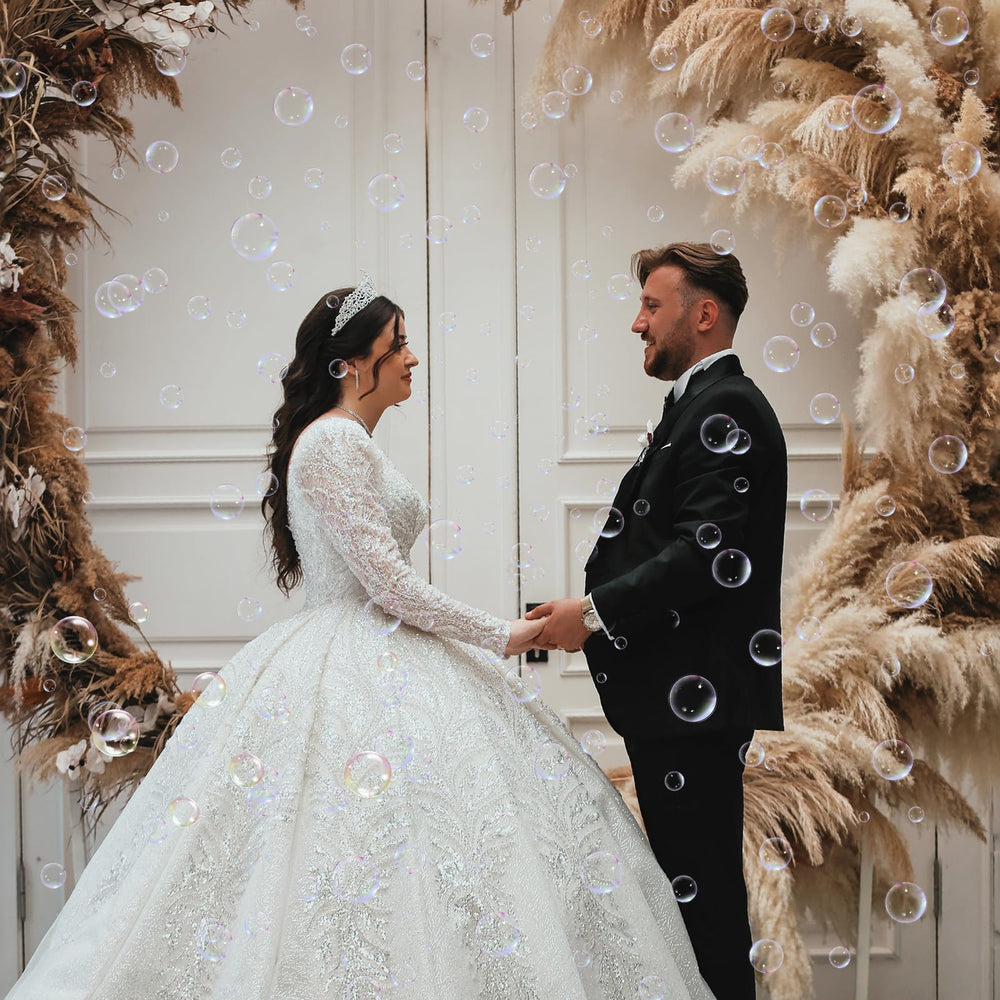 Bymugo bubbles flutter in air, adding romantic ceremony ambience.