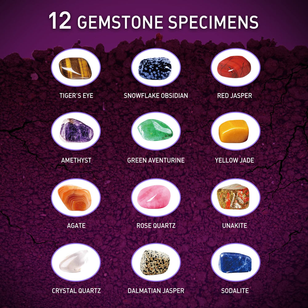 12 colorful gemstone cards describe each gem's history and traits