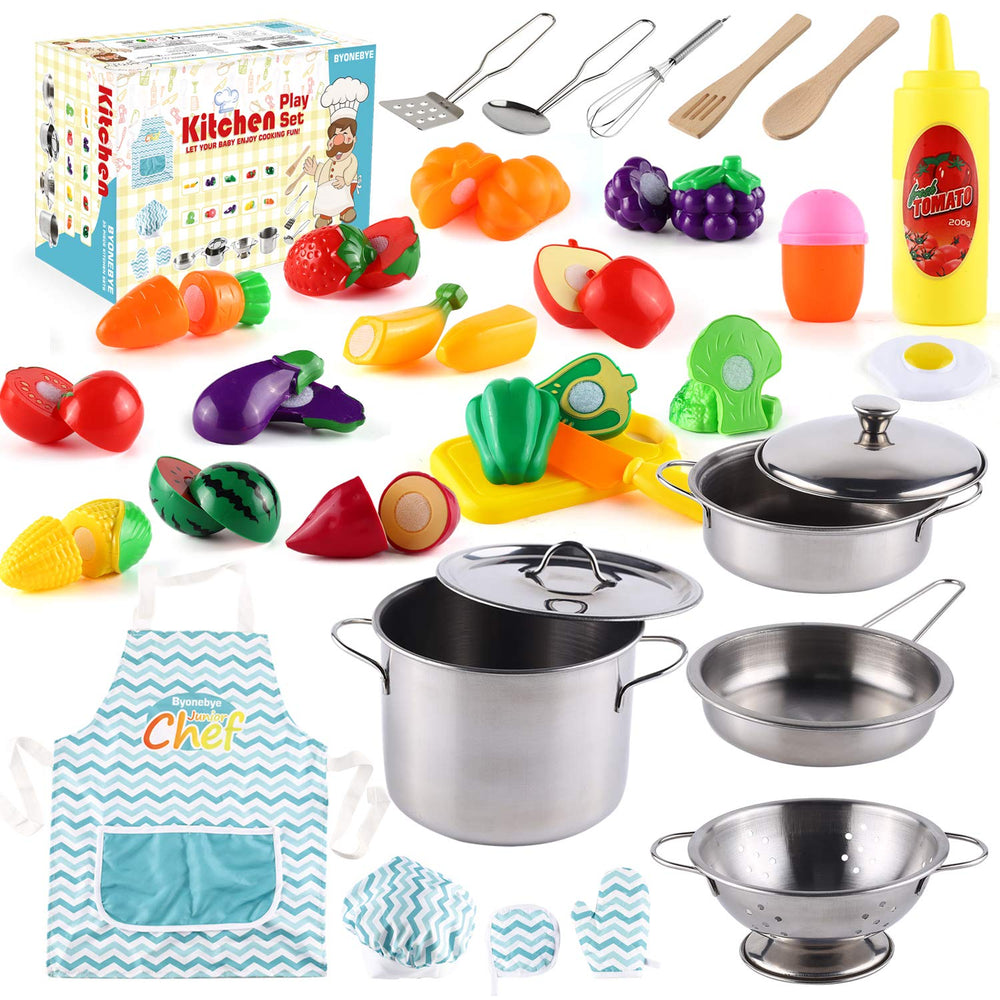 BYONEBYE kitchen pretend play set with stainless steel pots and pans for imaginative cooking.