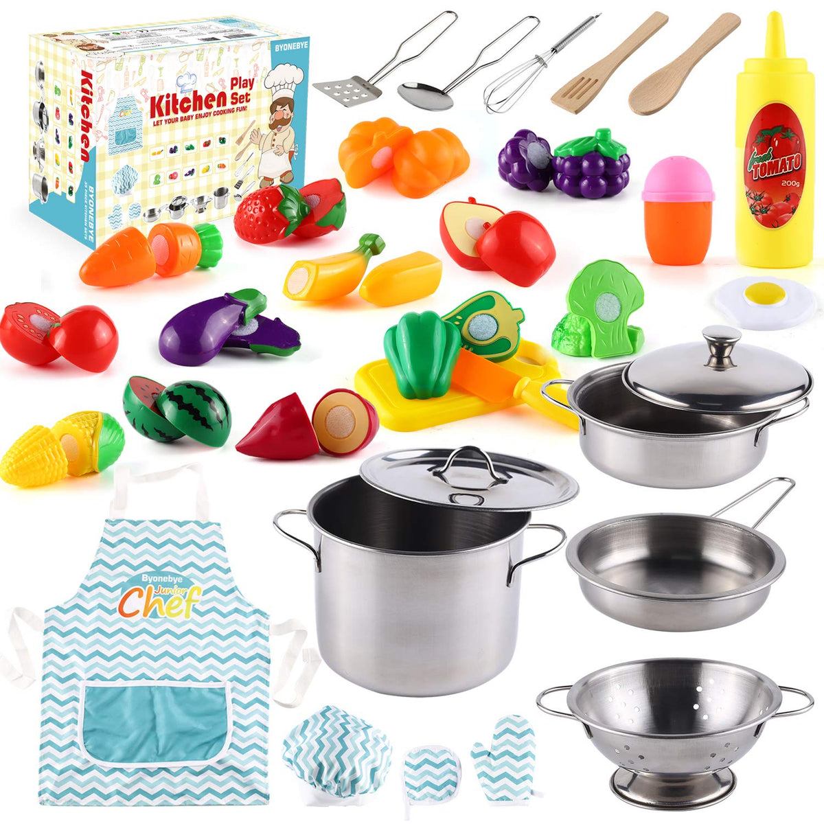BYONEBYE kitchen pretend play set with stainless steel pots and pans for imaginative cooking.