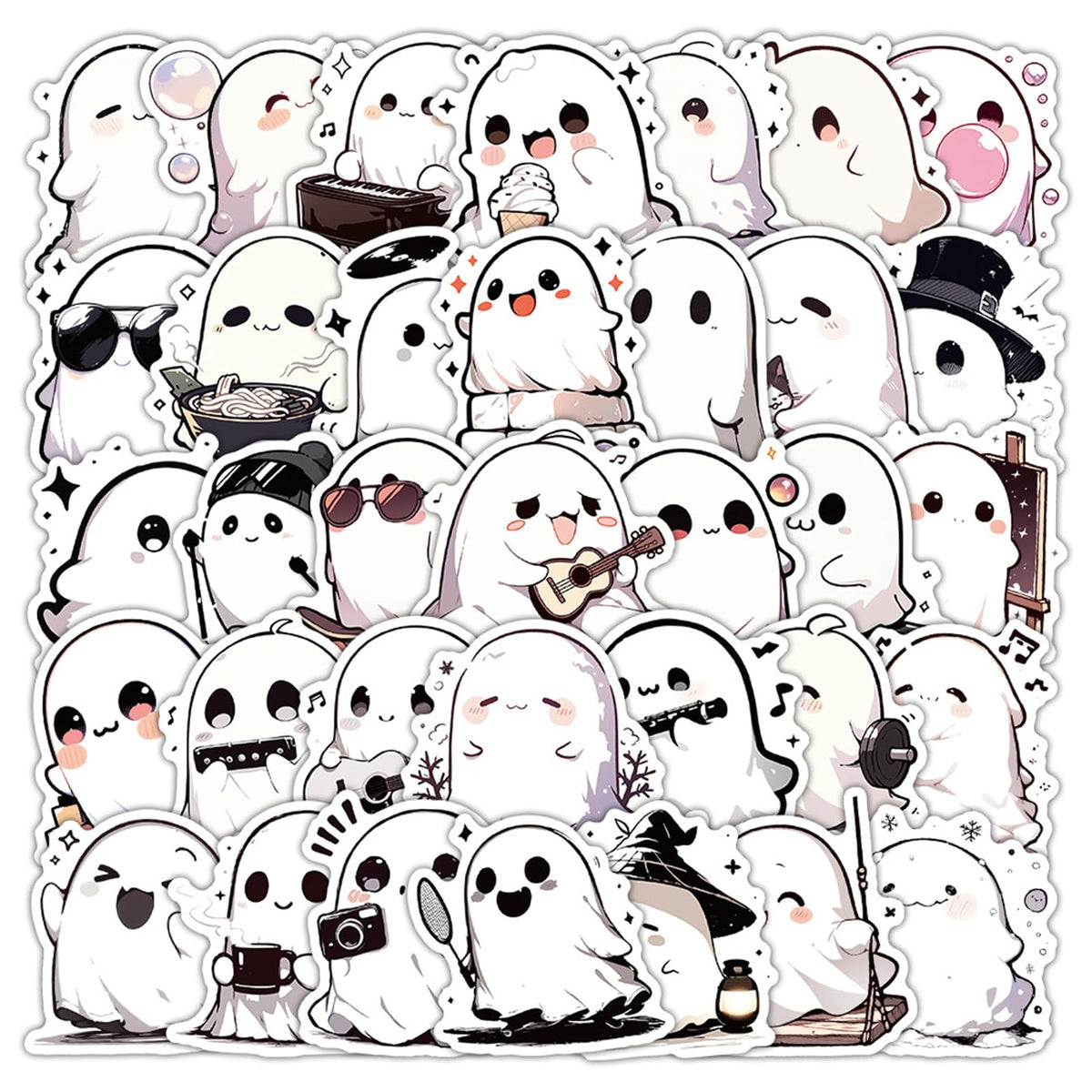 Caakkee ghost sticker pack with 50 unique designs for bottles, laptops, and more.