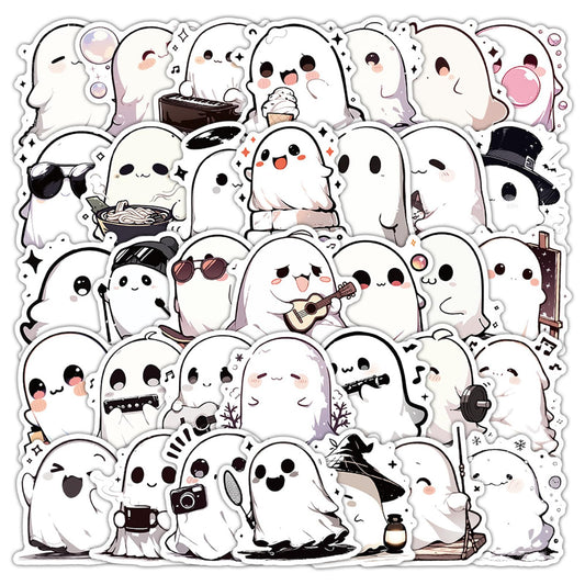 Caakkee ghost sticker pack with 50 unique designs for bottles, laptops, and more.