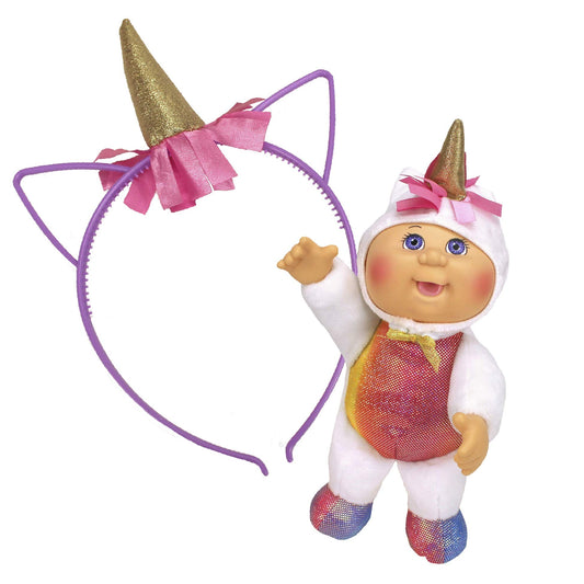 Cabbage Patch Kids 9-Inch Cutie with matching unicorn headband sparks dress-up fun.