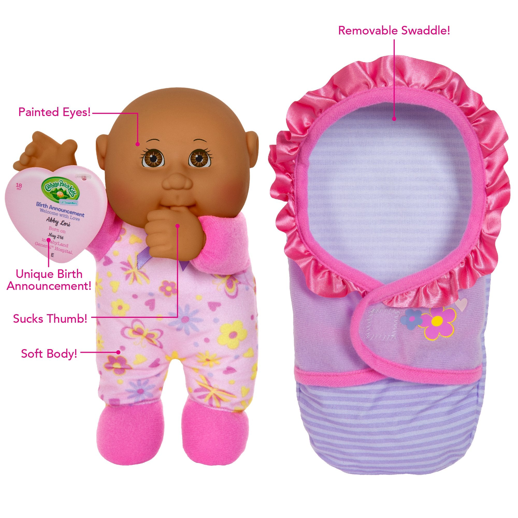 Cabbage Patch Kids swaddle blanket removable, simplifying dressing and care during pretend play.