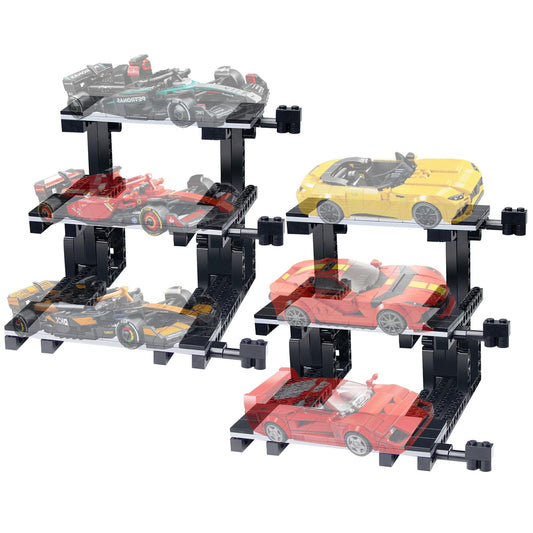 Cabeeskii car display stand with three tilted shelves showcasing LEGO Speed Champions cars neatly