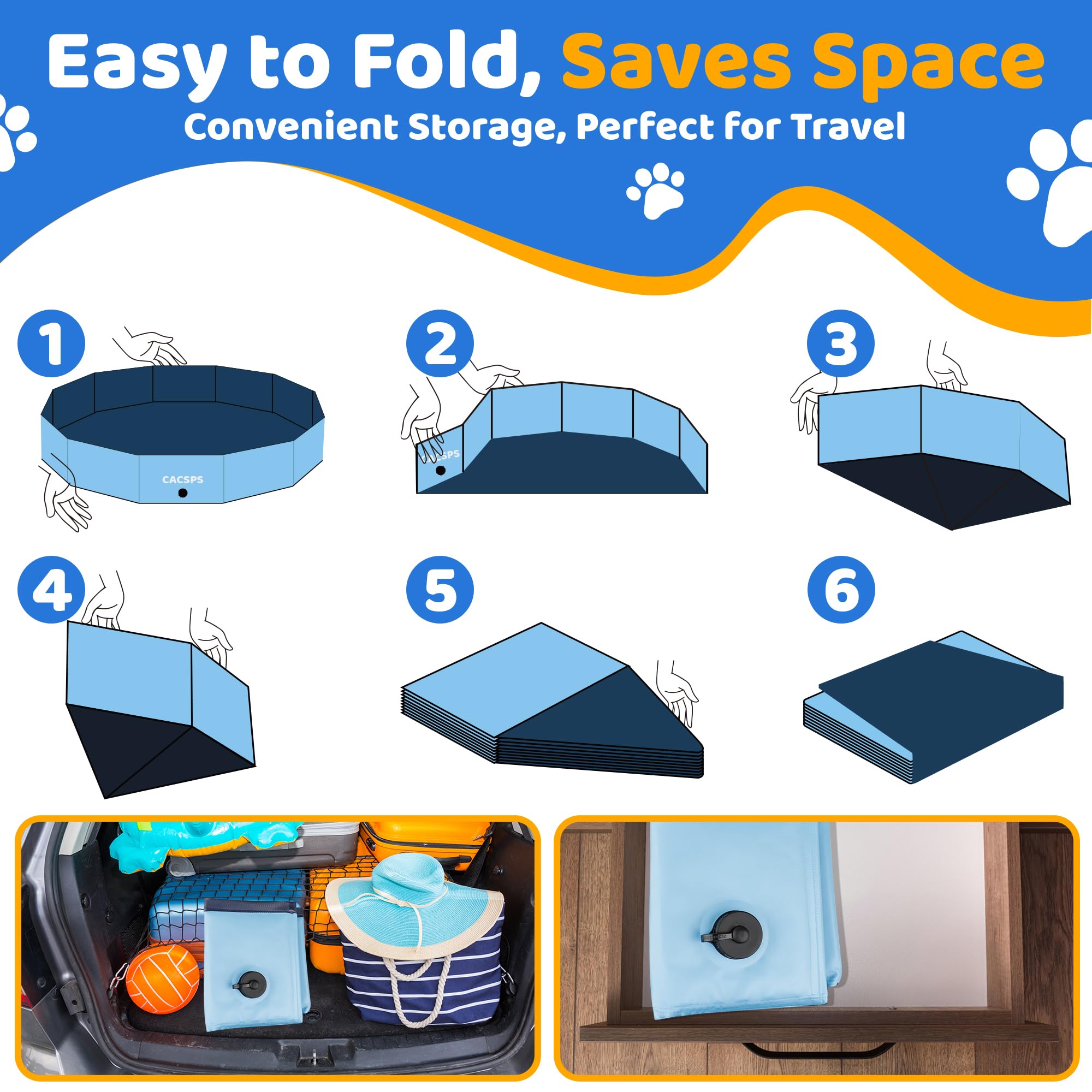 CACSPS foldable blue dog pool in backyard setting, ideal for cooling during hot days.
