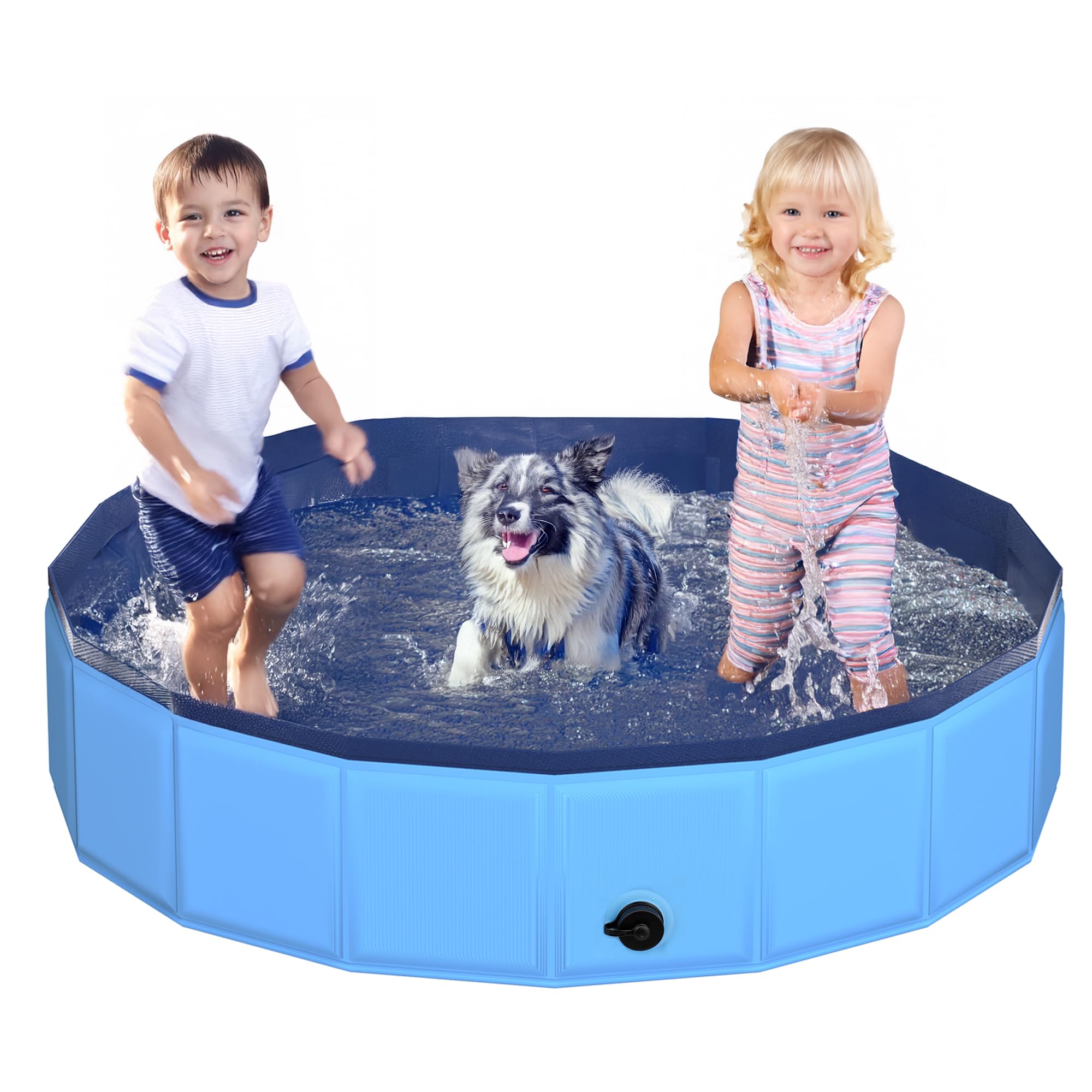 CACSPS foldable blue dog pool in full view, quick setup for outdoor play.