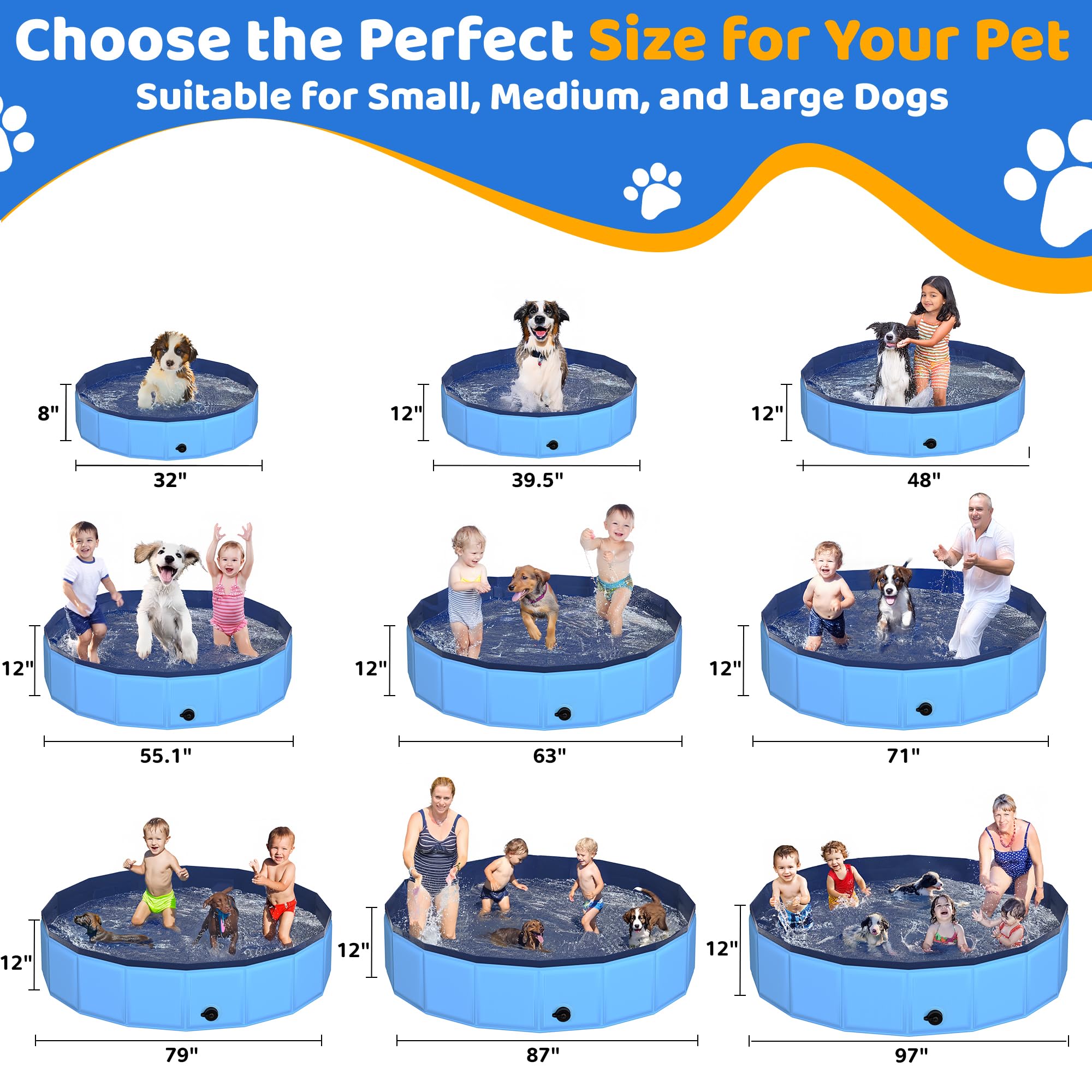 CACSPS foldable blue dog pool side view, stable frame for confident splashes.