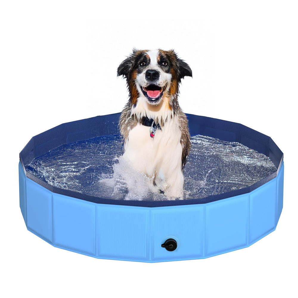 CACSPS foldable dog pool blue outer view, portable and ready for outdoor play