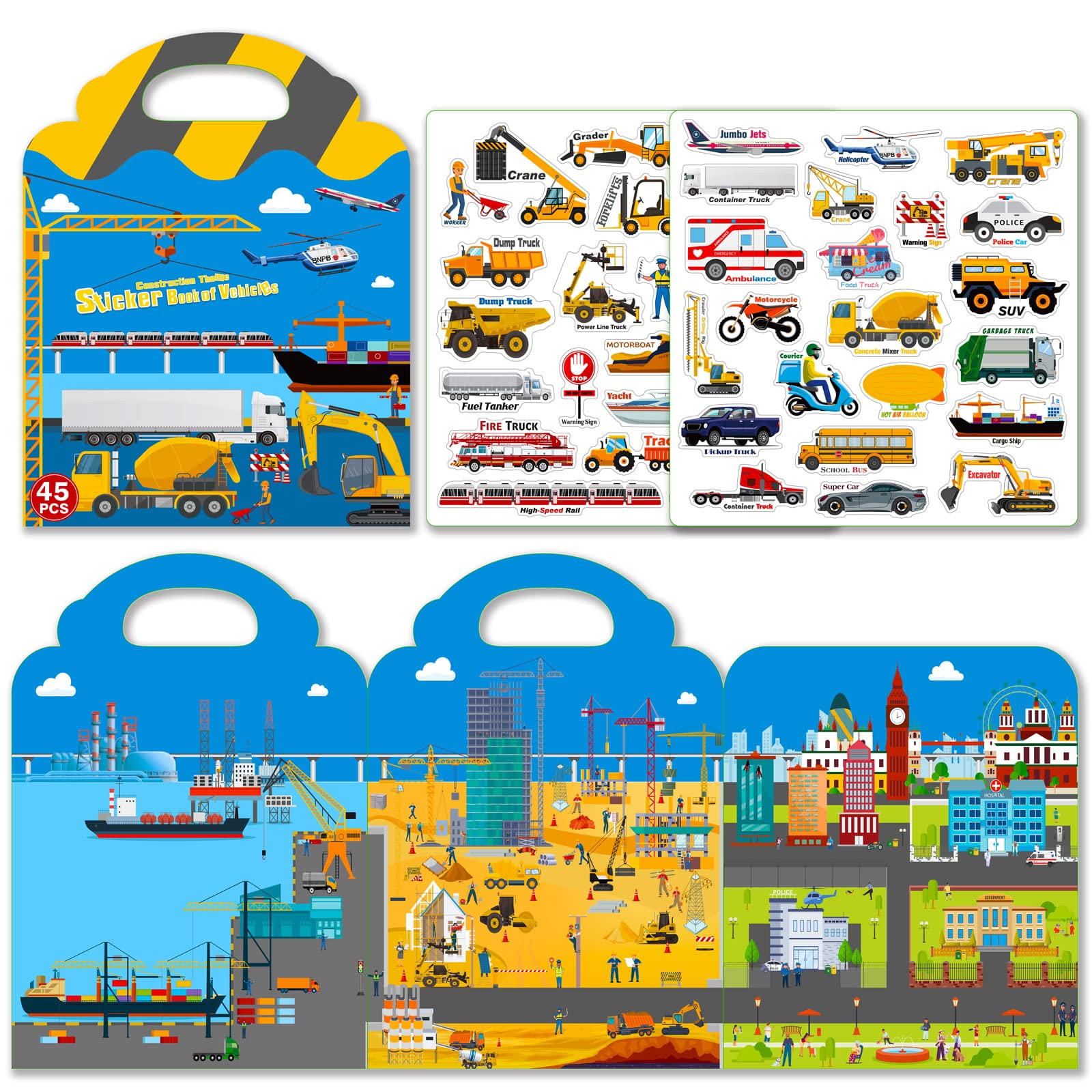 Cafalibe reusable sticker book front cover with vehicle art for kids.
