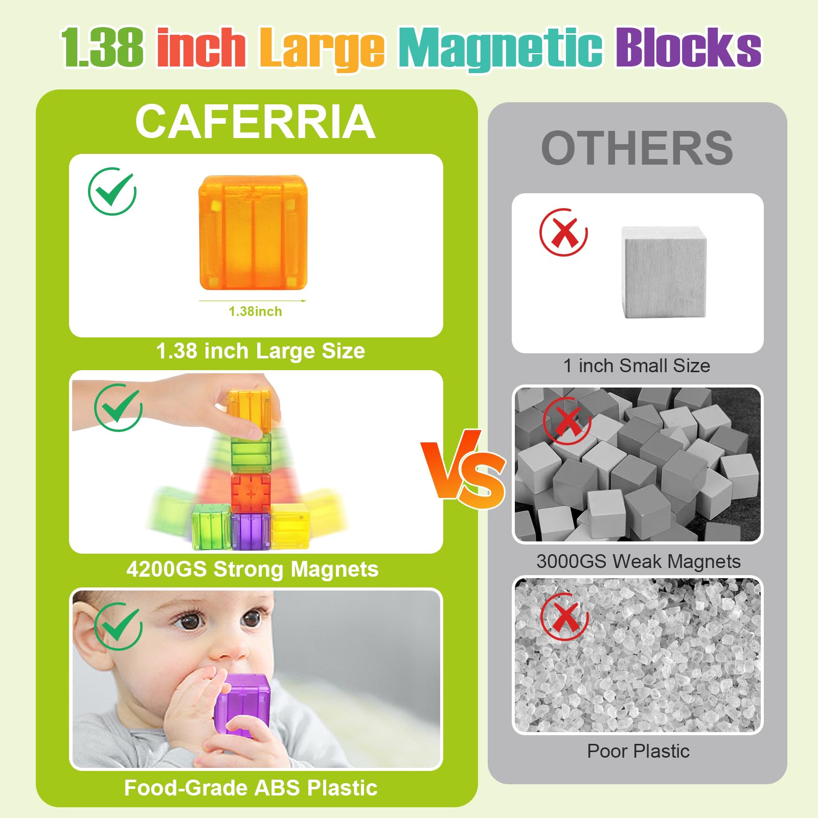 Caferria magnetic blocks with safe rounded edges for little hands.