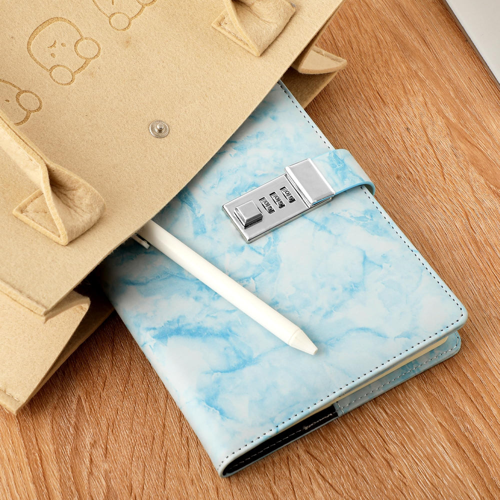 CAGIE Marble Diary with Lock blue close-up highlights craftsmanship and marble pattern.