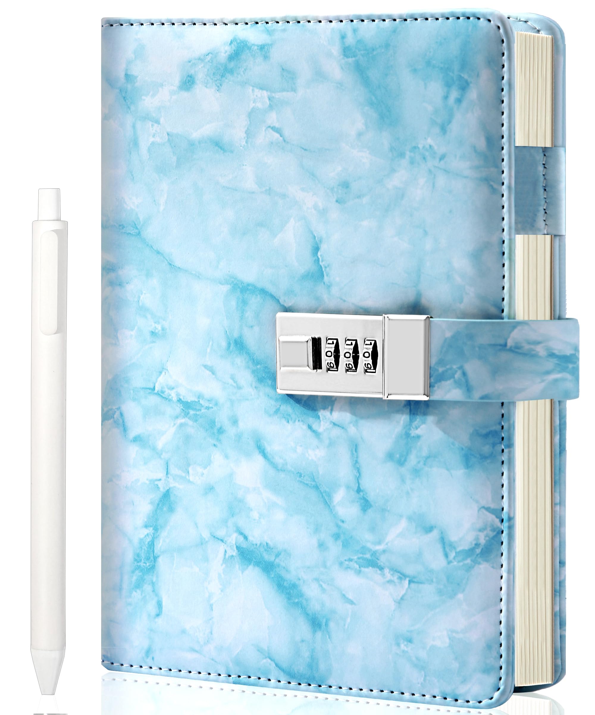 CAGIE Marble Diary with Lock blue front cover protects privacy with style.