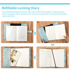 CAGIE Marble Diary with Lock blue inside pages reveal refillable core and thick paper.