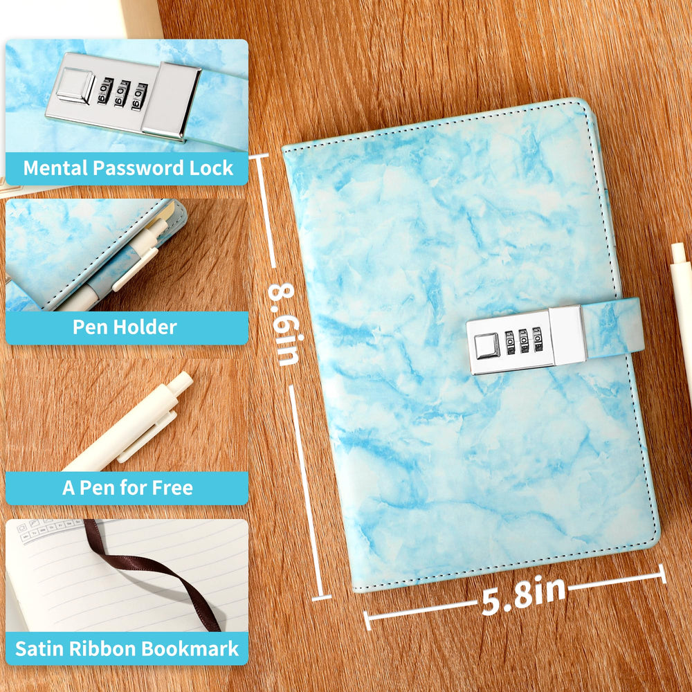 CAGIE Marble Diary with Lock blue spine shows durable travel-ready design.